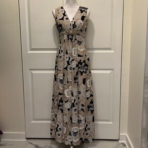 Murray G Vintage 1970s Maxi Dress in Black, White and Gold Floral Print